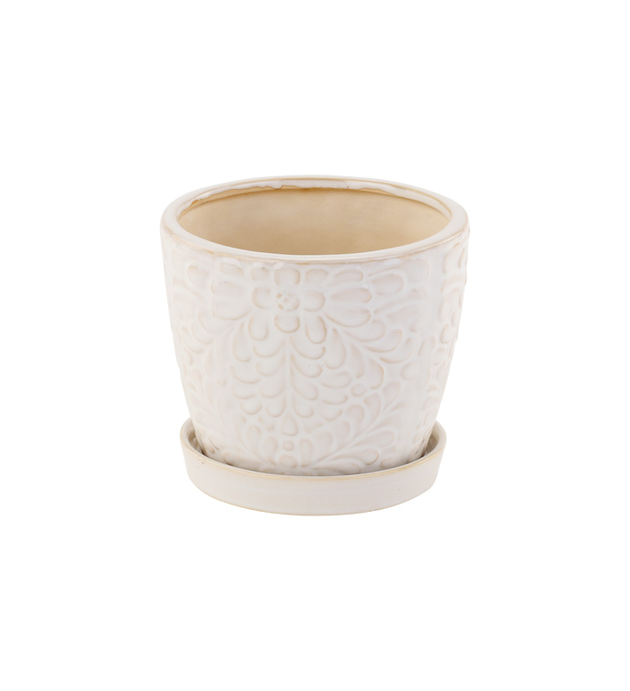 4.5" White Floral Planter with Sauc