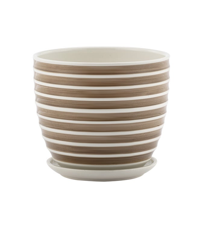 MD Taupe/White Striped Pot w/Saucer