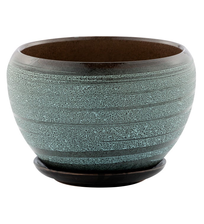 Large Grey Striped Pot with Saucer