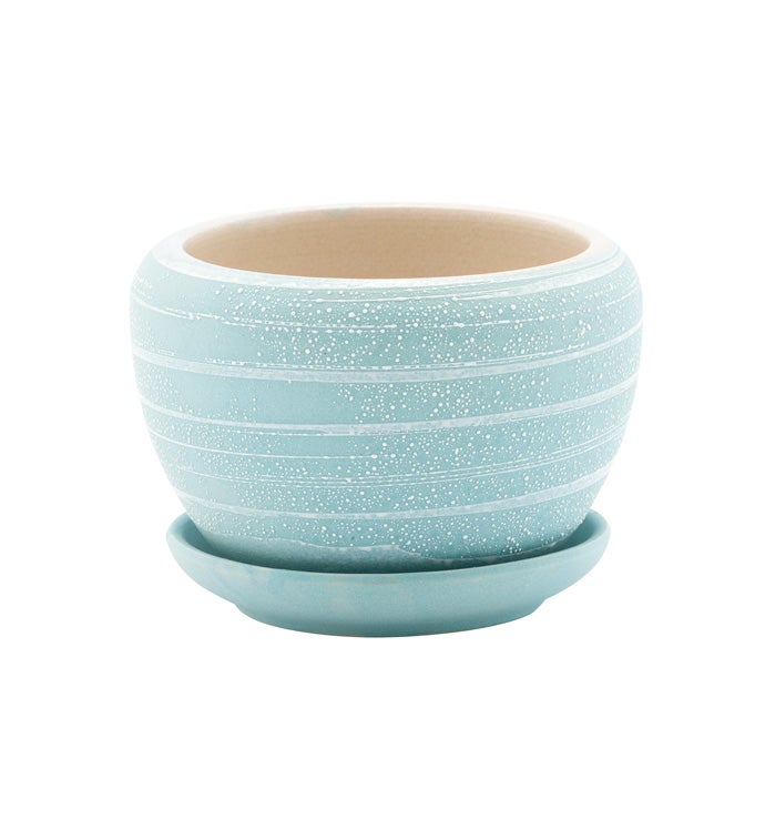 Small Blue Striped Pot with Saucer 
