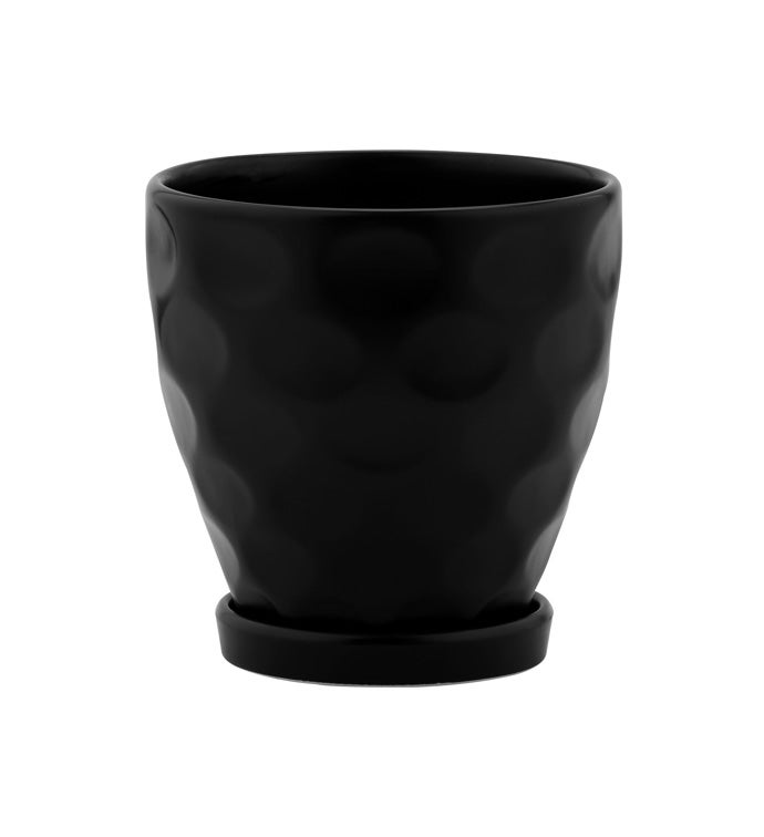 Small Black Dimpled Pot with Saucer