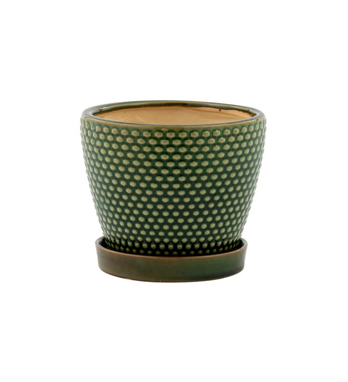 4.5" Green Hobnail Pot with Saucer
