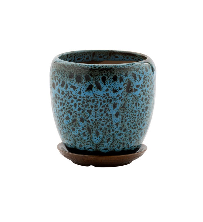 Small Blue Mottled Pot with Saucer 
