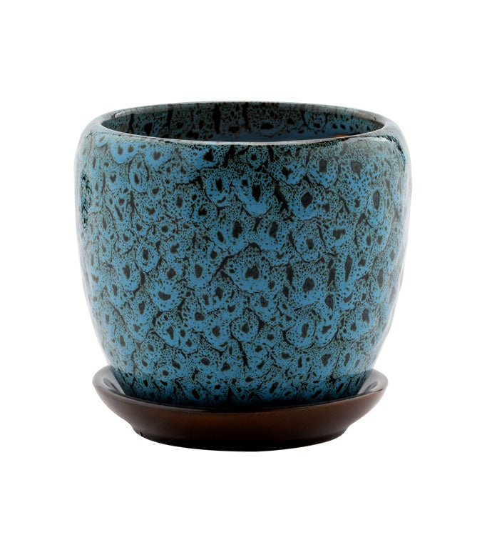 Medium Blue Mottled Pot with Saucer