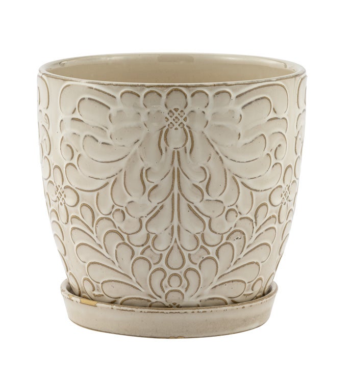 Lrg White Floral Pot with Saucer