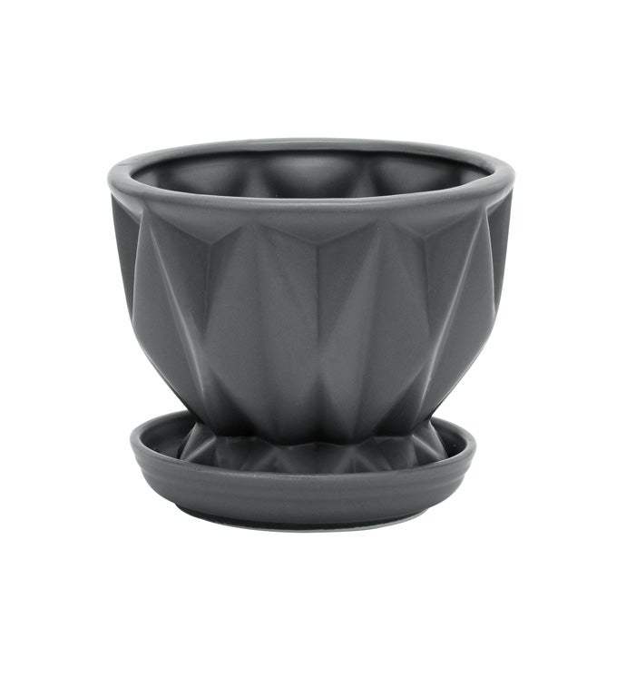Gray Ribbed Planter with Saucer
