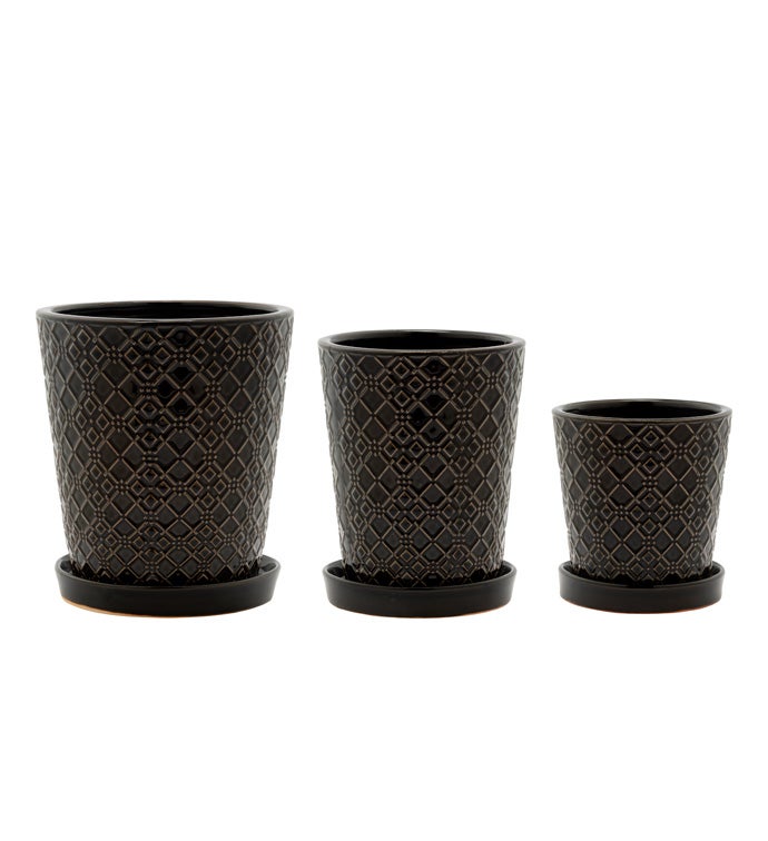 Black Laser Vases with Saucer, Set