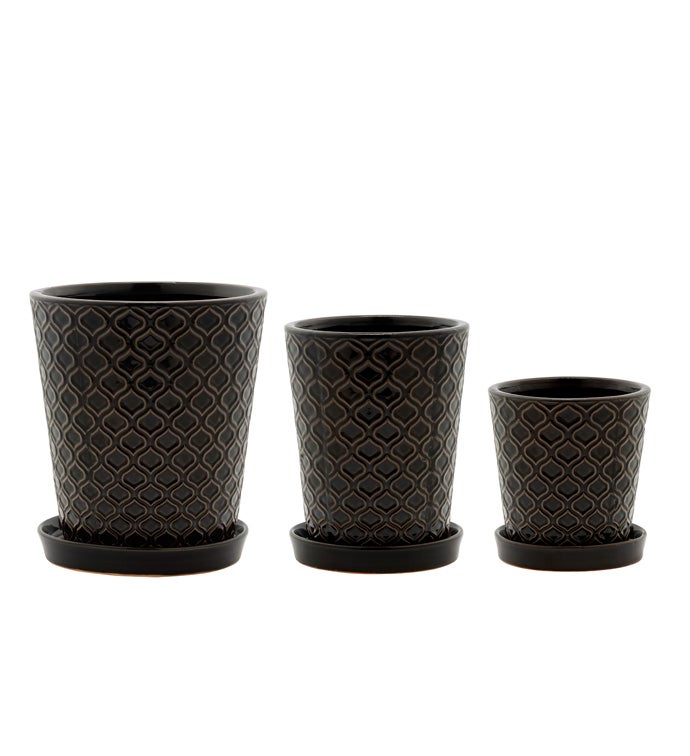 Black Vases with Saucer, Set of 3