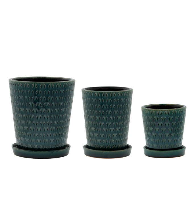 Teal Vases with Saucer, Set of 3