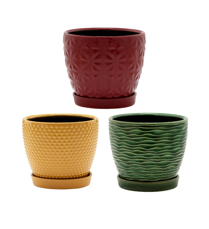 6" Green/Rust/Ocher Laser Pot  3 As