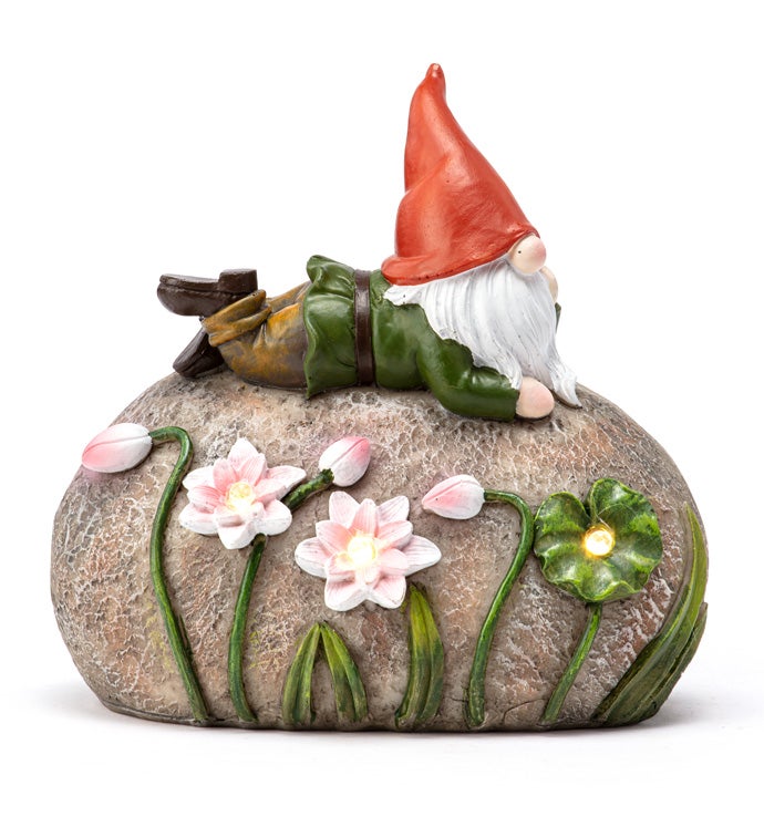 Gnome on Rock With Flowers Solar Lt