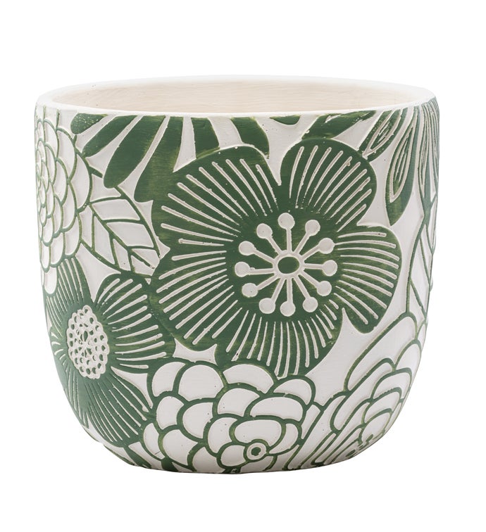 Large Green & White Floral Pot