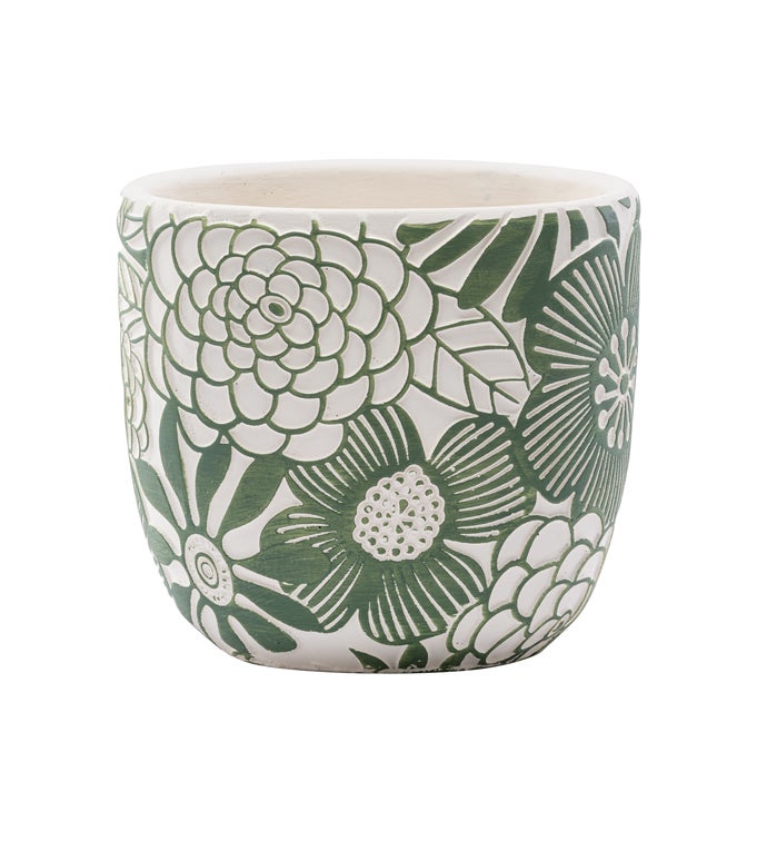 Small Green & White Floral Pot