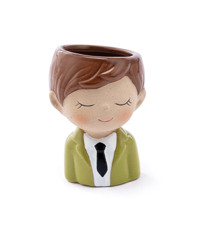 Green Jacket Man Head Planter