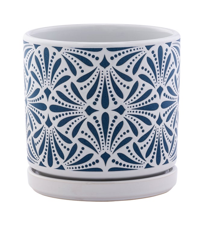 Blue/White Abstract Planter with Saucer