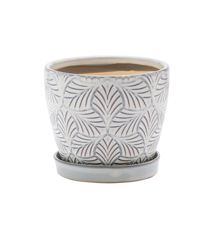 4.5" Gray/White Leaf Pot with Saucer