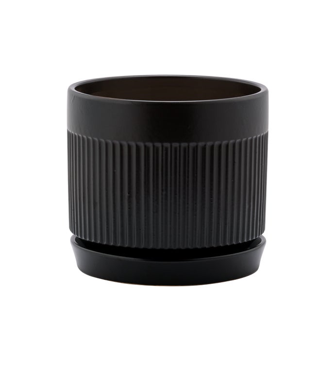 6" Black Ribbed Pot with Saucer