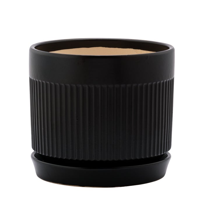 4.5" Black Ribbed Pot with Saucer