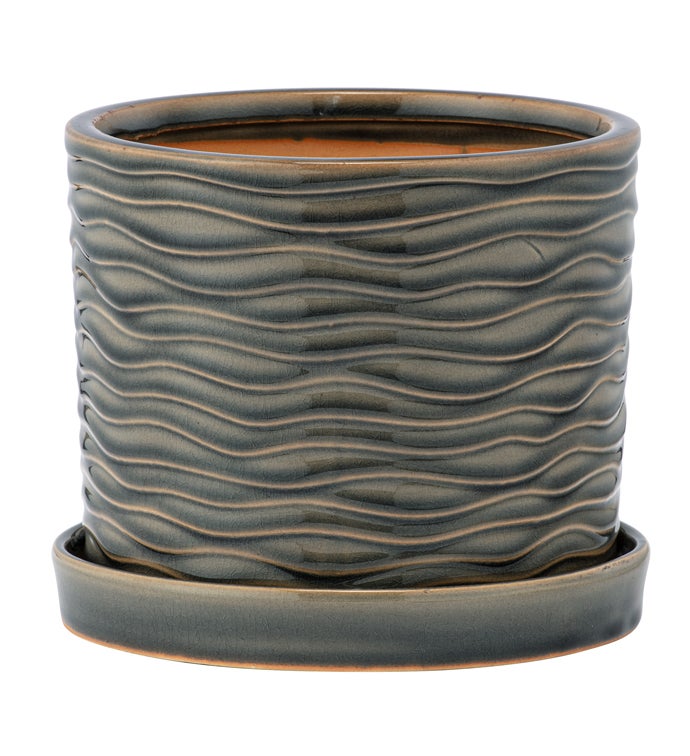 Large Sage Wave Pot with Saucer