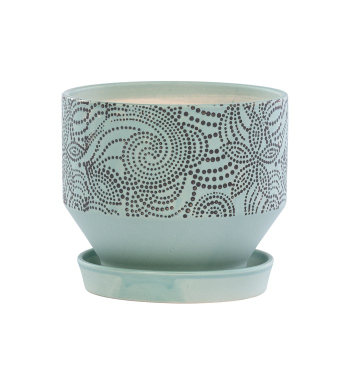 4.5" Blue Embossed Floral Pot with Saucer