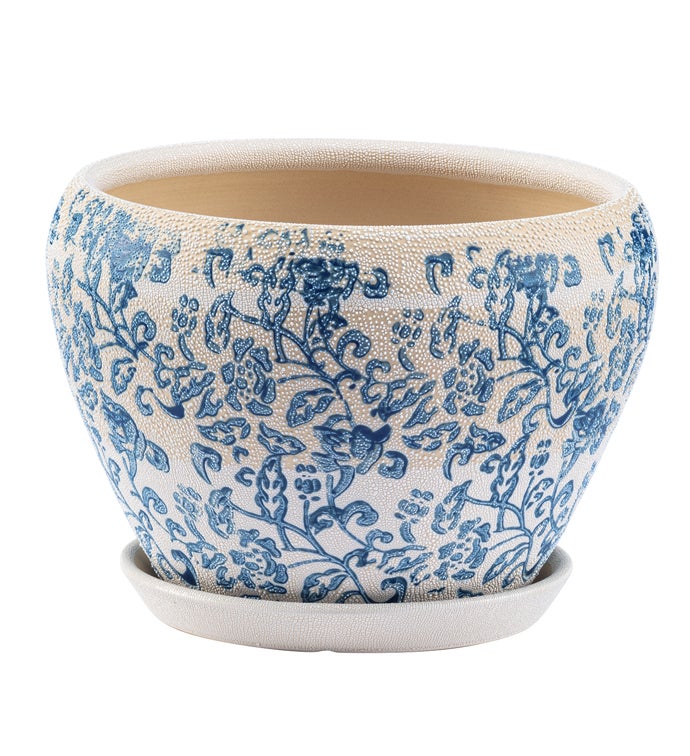 Large Blue/White Chintz Planter with Saucer