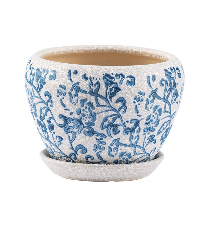 Blue/White Chintz Planter with Saucer
