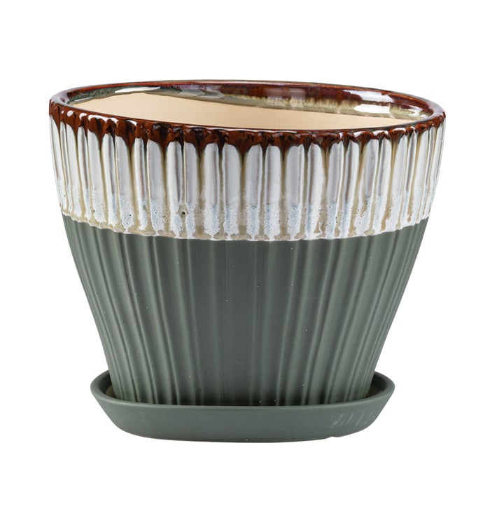 Large Green White Glaze Planter with Saucer