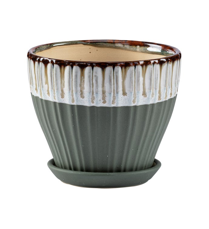 Green White Glaze Planter with Saucer