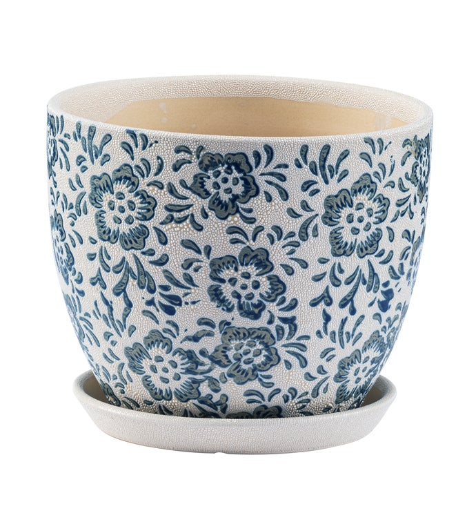Large Blue/White  Cornflower Planter w/Saucer