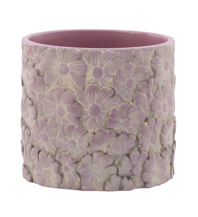 Large White Washed Embossed Daisy Planter