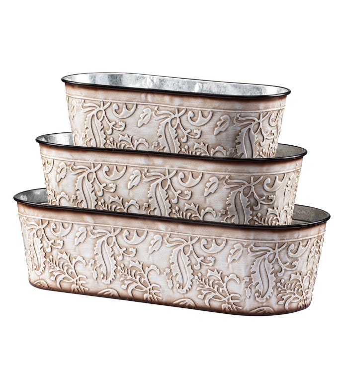 Embossed Cream/Brown Oval Planter  Set of 3