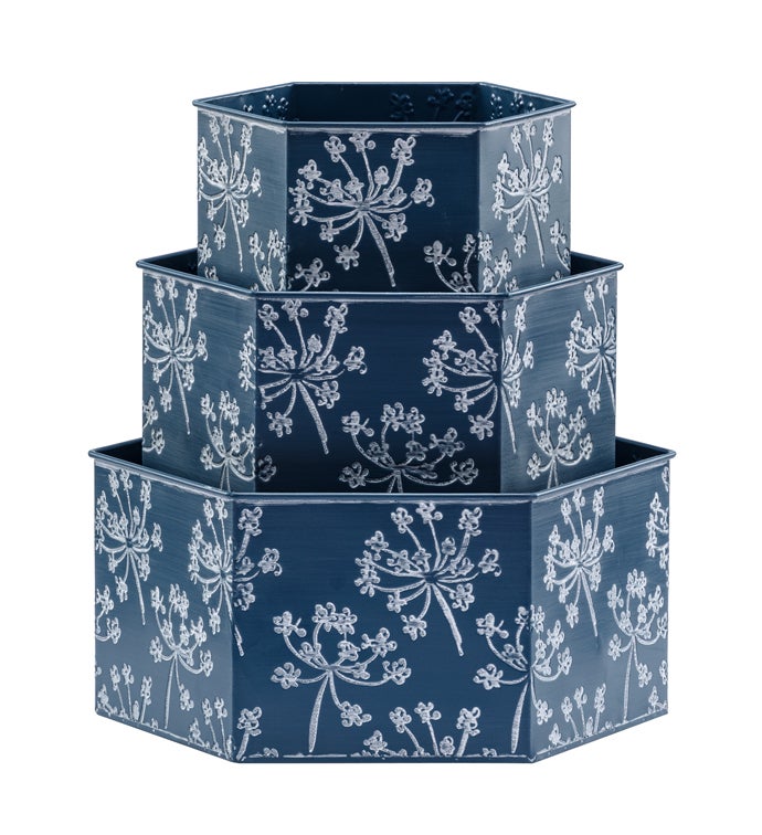Blue White Flower Hex Planter  Set of 3