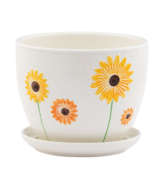 Large White Sunflower Planter with Saucer