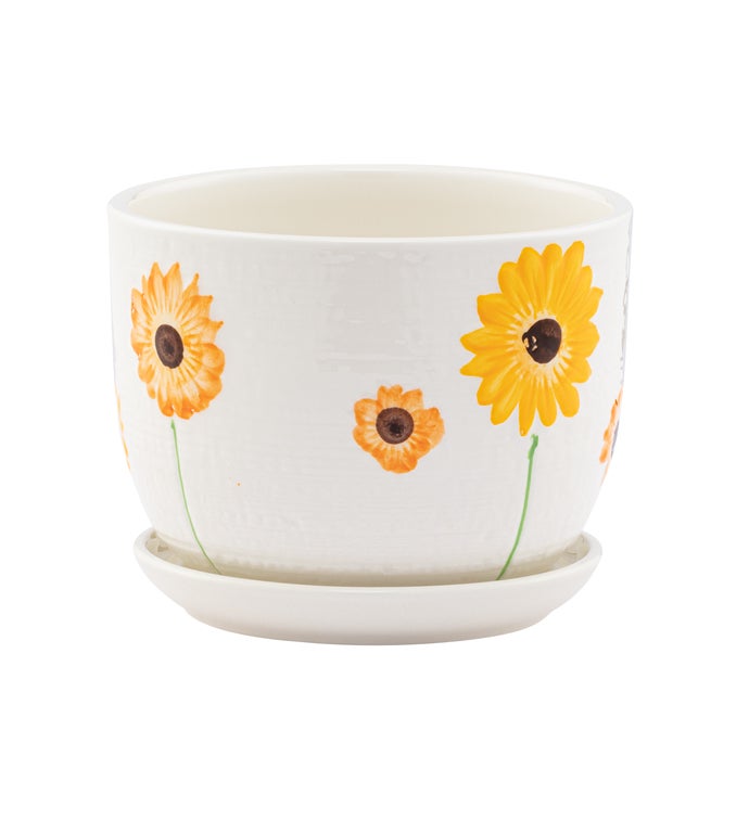 Medium White Sunflower Planter with Saucer