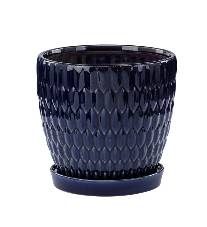 Large Royal Blue Embossed Ovals Planter with Saucer