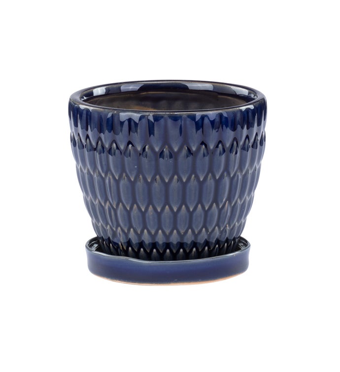 4.5" Royal Blue Embossed Ovals Planter w/ Saucer