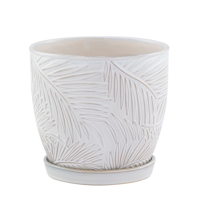 Large White Palm Leaves Planter with Saucer