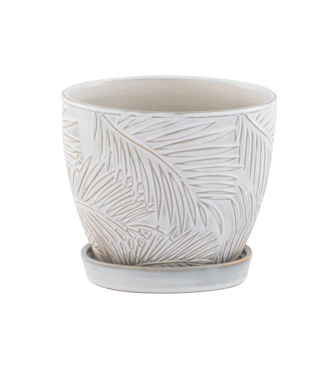 6" White Palm Leaves Planter with Saucer