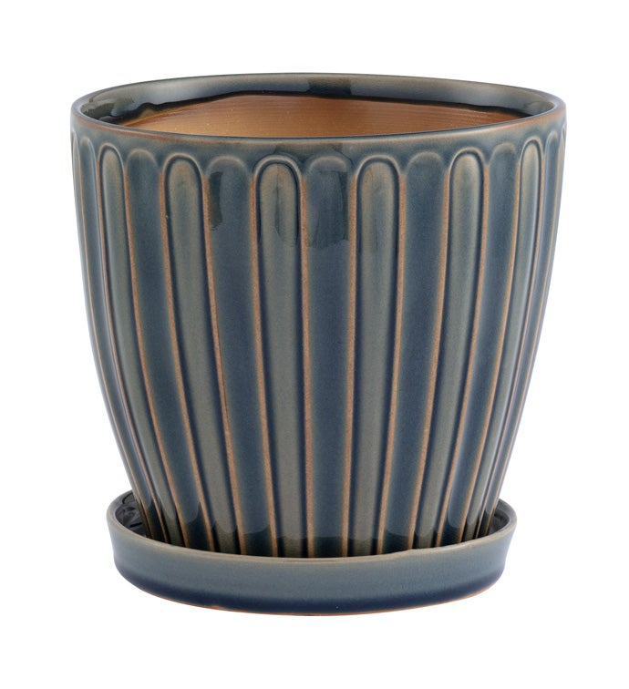 Large Blue/Gray Ribbed Planter with Saucer