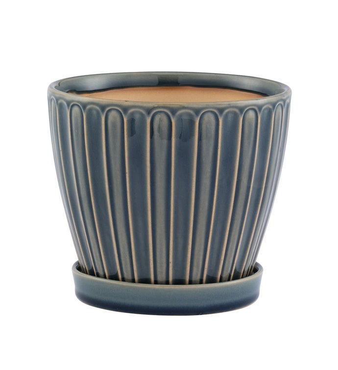 6" Blue/Gray Ribbed Planter with Saucer