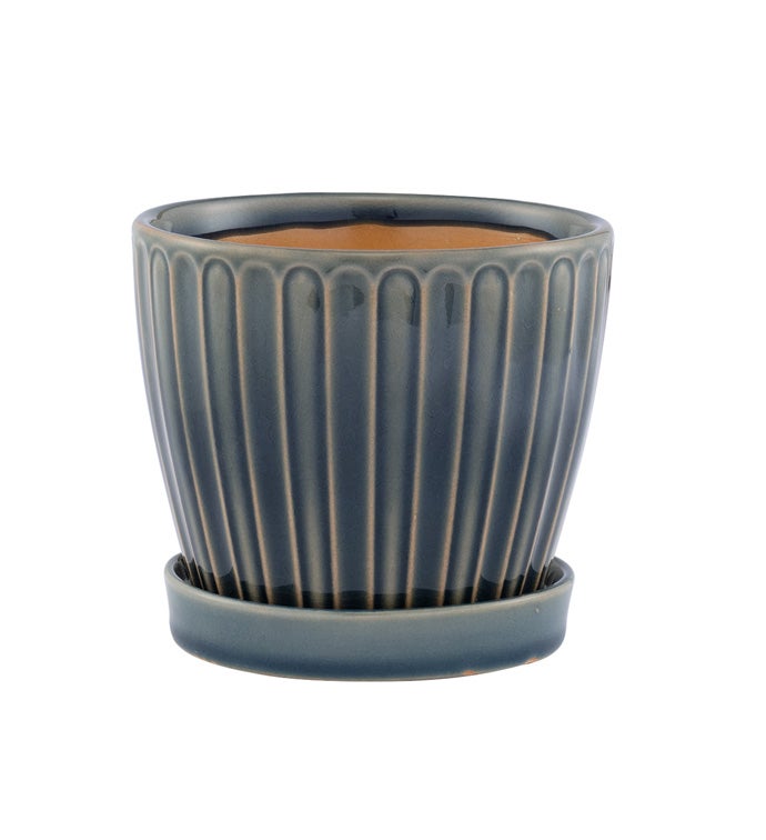 4.5" Blue/Gray Ribbed Planter with Saucer