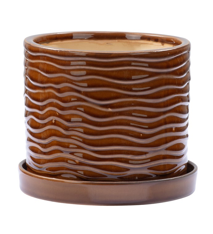 Lg Brown Wave Planter with Saucer