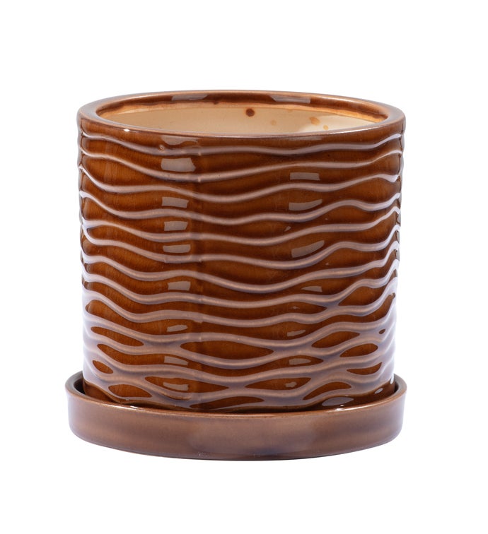 Brown Wave Planter with Saucer