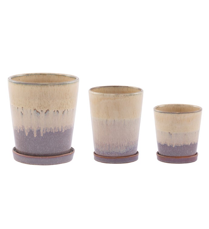Beige/Brown Planter with Saucer  Set of 3