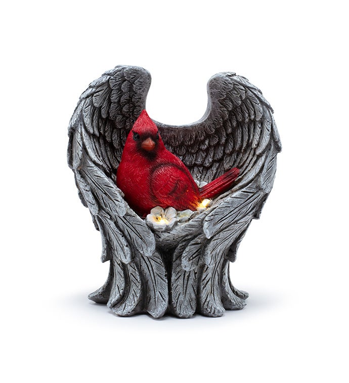 LED Cardinal In Angel Wings Memorial Figure