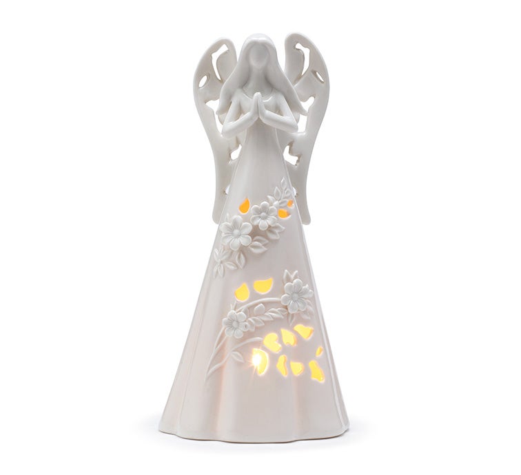 Light Up White Praying Angel with Flowers