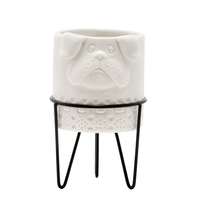 Off White Dog Pot on Metal Stand