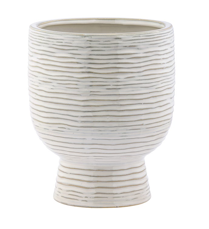 Large Beige Ribbed Pedestal Planter