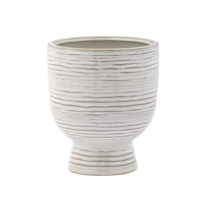 Small Beige Ribbed Pedestal Planter