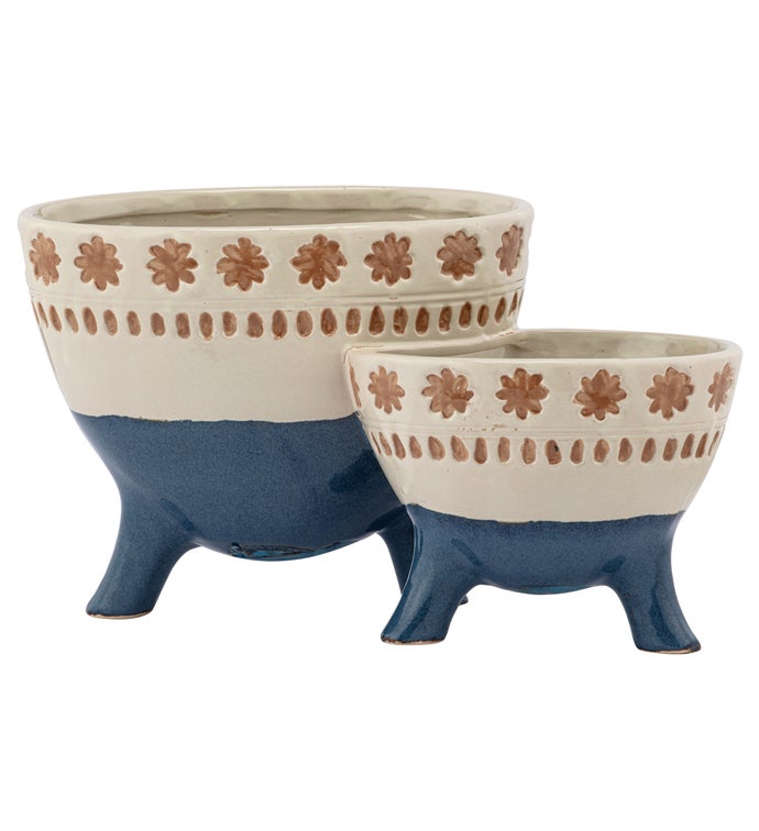 Blue/Beige 2-Attached Footed Pots